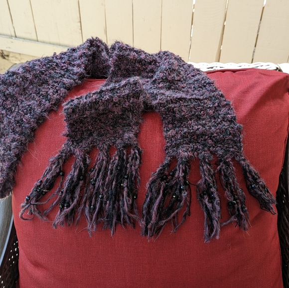 HANDMADE Scarf Purple Beaded Long Wool - Picture 1 of 3
